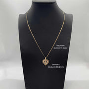 Medium Virgin Mary heart pendant necklace shown on black display bust with size labels.
