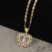 Tri-color gold Virgin Mary heart pendant featuring rose gold accents and CZ halo.