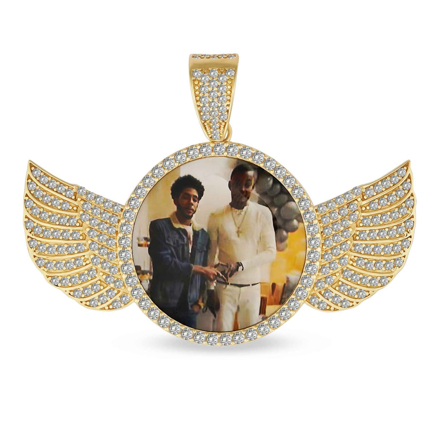 Gold angel wings pendant featuring a custom photo insert and pavé stones.
