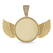 Back view of round yellow gold memorial picture pendant with CZ angel wings.