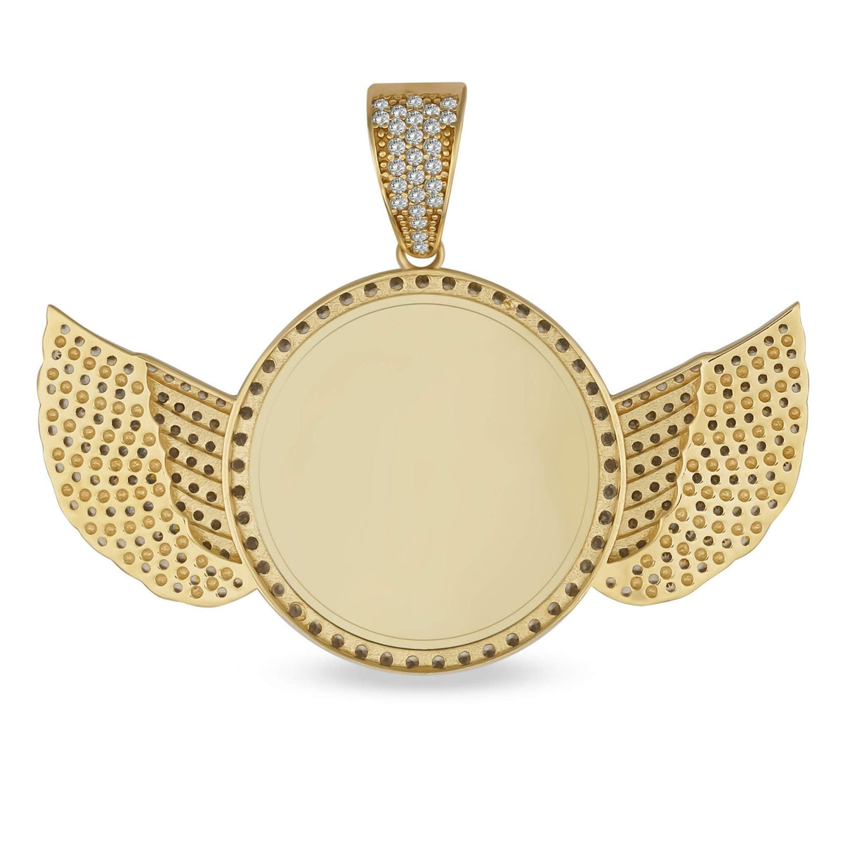 Back view of round yellow gold memorial picture pendant with CZ angel wings.