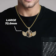Model wearing Large 72.0mm yellow gold CZ angel wing round memorial picture pendant with rope chain.