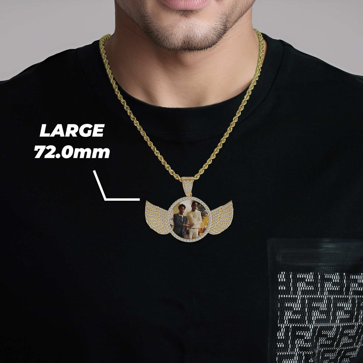 Model wearing Large 72.0mm yellow gold CZ angel wing round memorial picture pendant with rope chain.