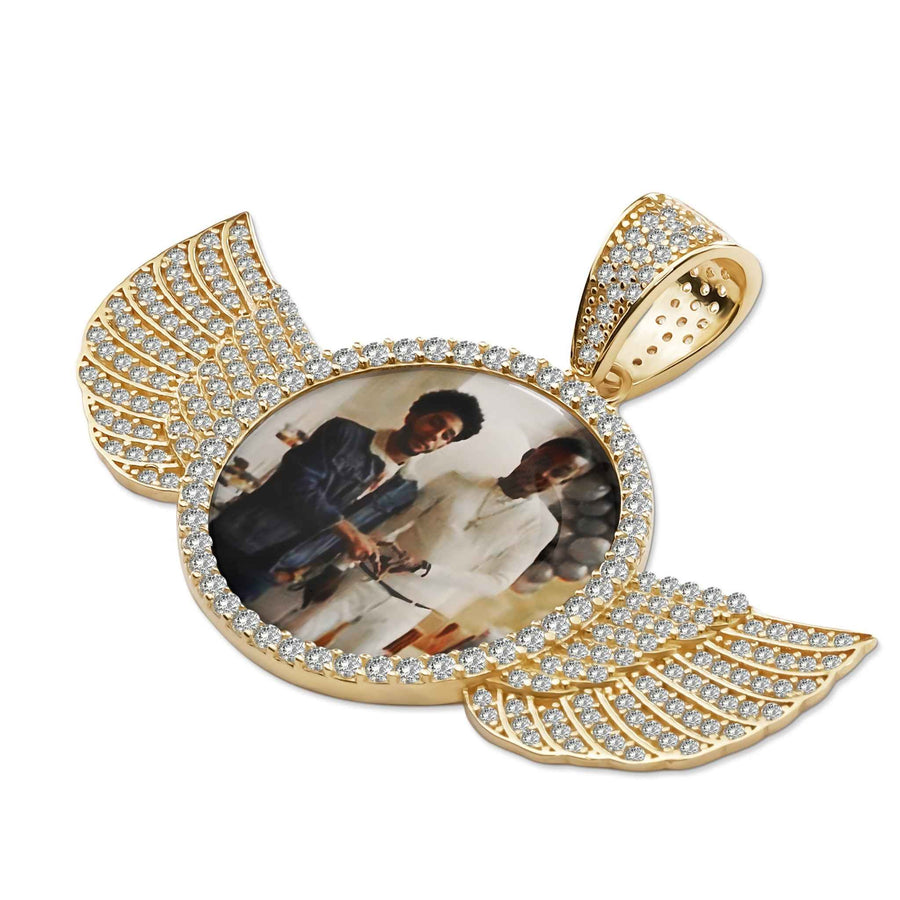 Round yellow gold memorial picture pendant with CZ angel wings and custom photo.