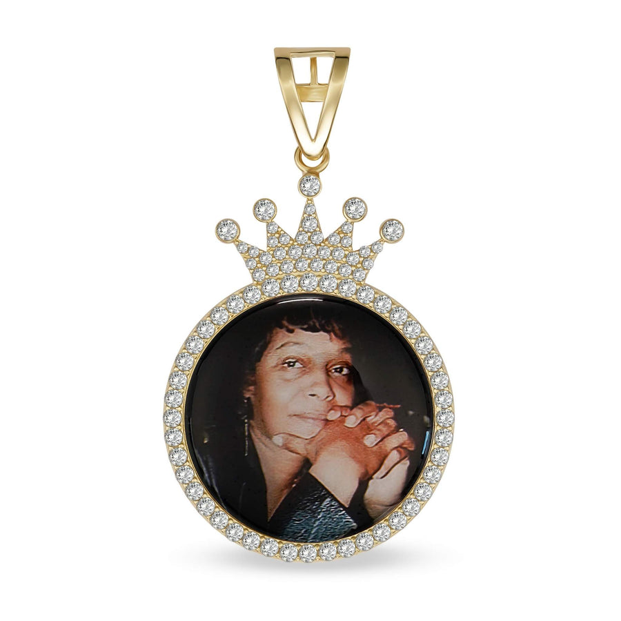 Gold memorial picture pendant featuring a crystal crown frame and custom portrait.
