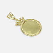 Angled view of a gold custom memorial picture round pendant with CZ crown embellishment