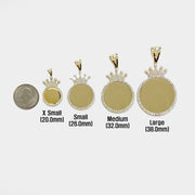 Size chart graphic showing gold crown picture pendant sizes next to a US quarter.