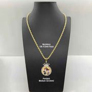 Medium gold crown picture pendant displayed on a black mannequin bust with rope chain.