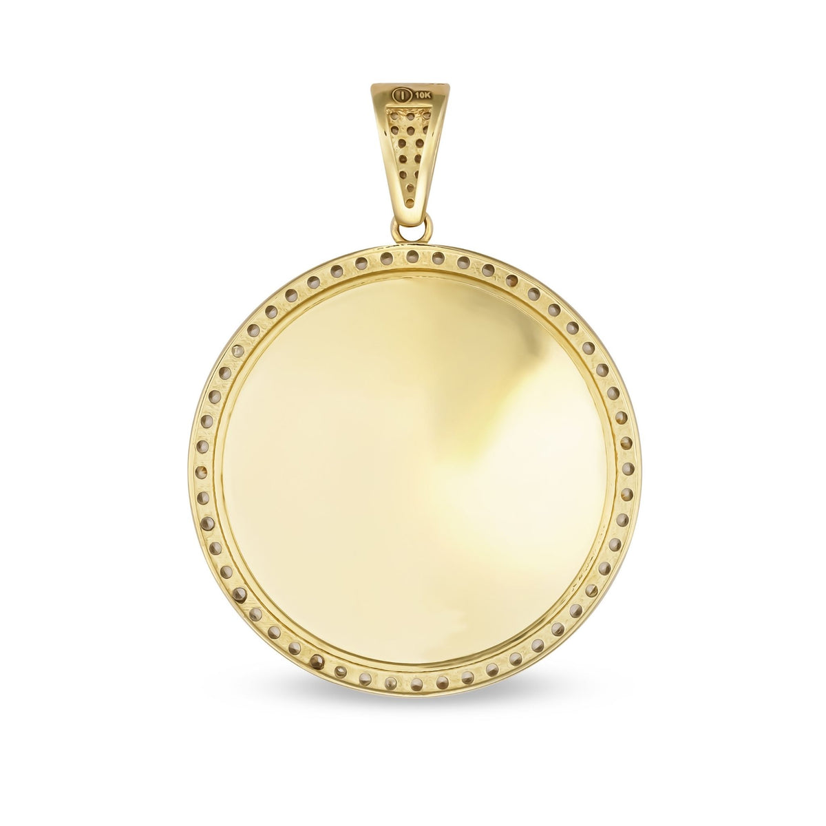 Round yellow gold pendant featuring a smooth, blank center and beaded border.