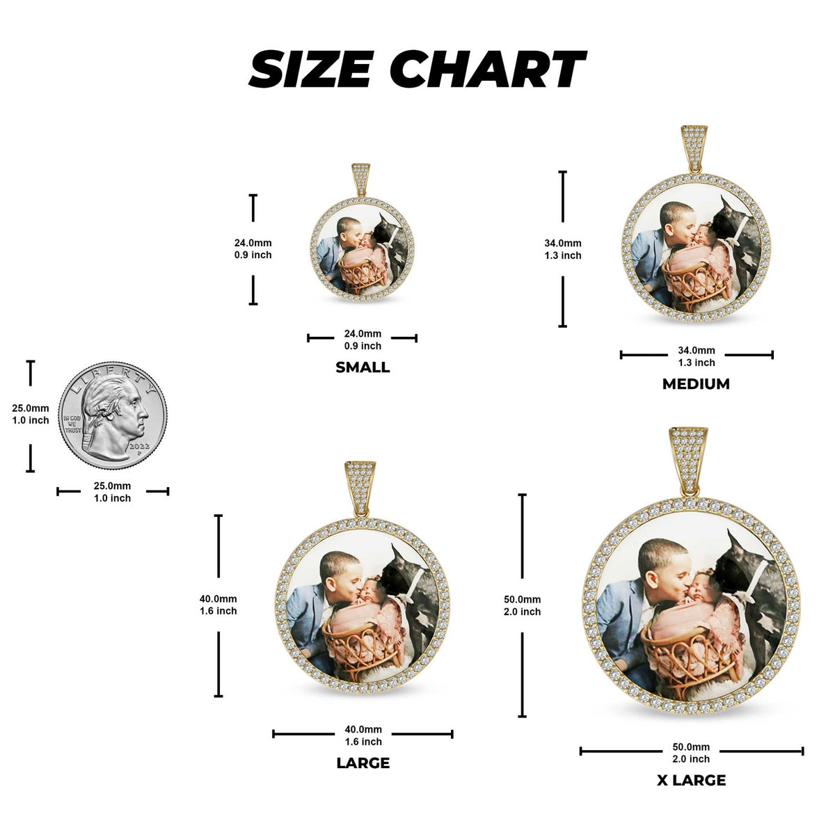 Size chart graphic displaying small, medium, large, and extra-large memorial pendant dimensions with a coin reference.