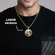 Man wearing a gold chain necklace with a large 40.0mm round memorial pendant featuring a custom photo.