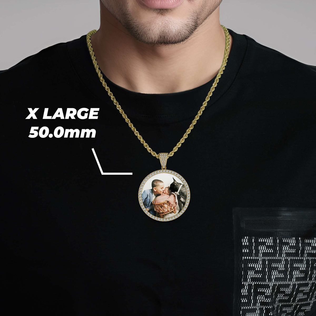 Man wearing a gold chain necklace with an extra-large 50.0mm round memorial pendant featuring a custom photo.