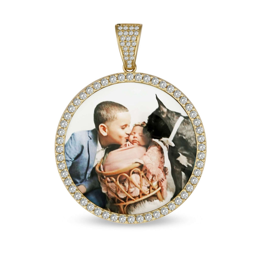 Gold round custom photo pendant featuring a boy kissing a baby and dog.