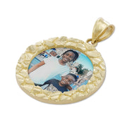 10k yellow gold commemorative heart picture pendant with an ornate textured bezel.