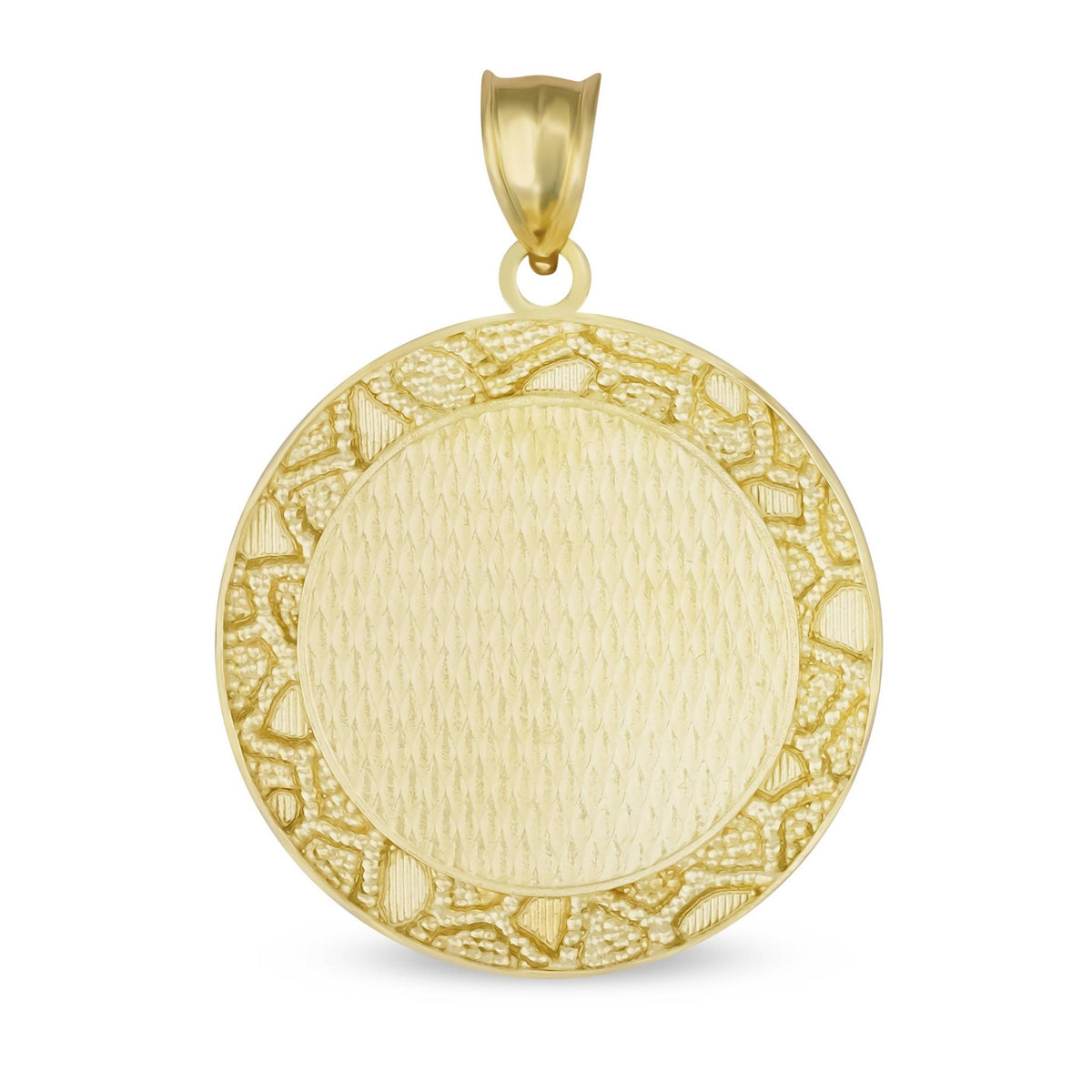 Rear angle showing the smooth, polished gold backing and loop of the classic nugget round pendant.