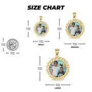 Jewelry size guide comparing three round memorial pendants with millimeter and inch measurements.