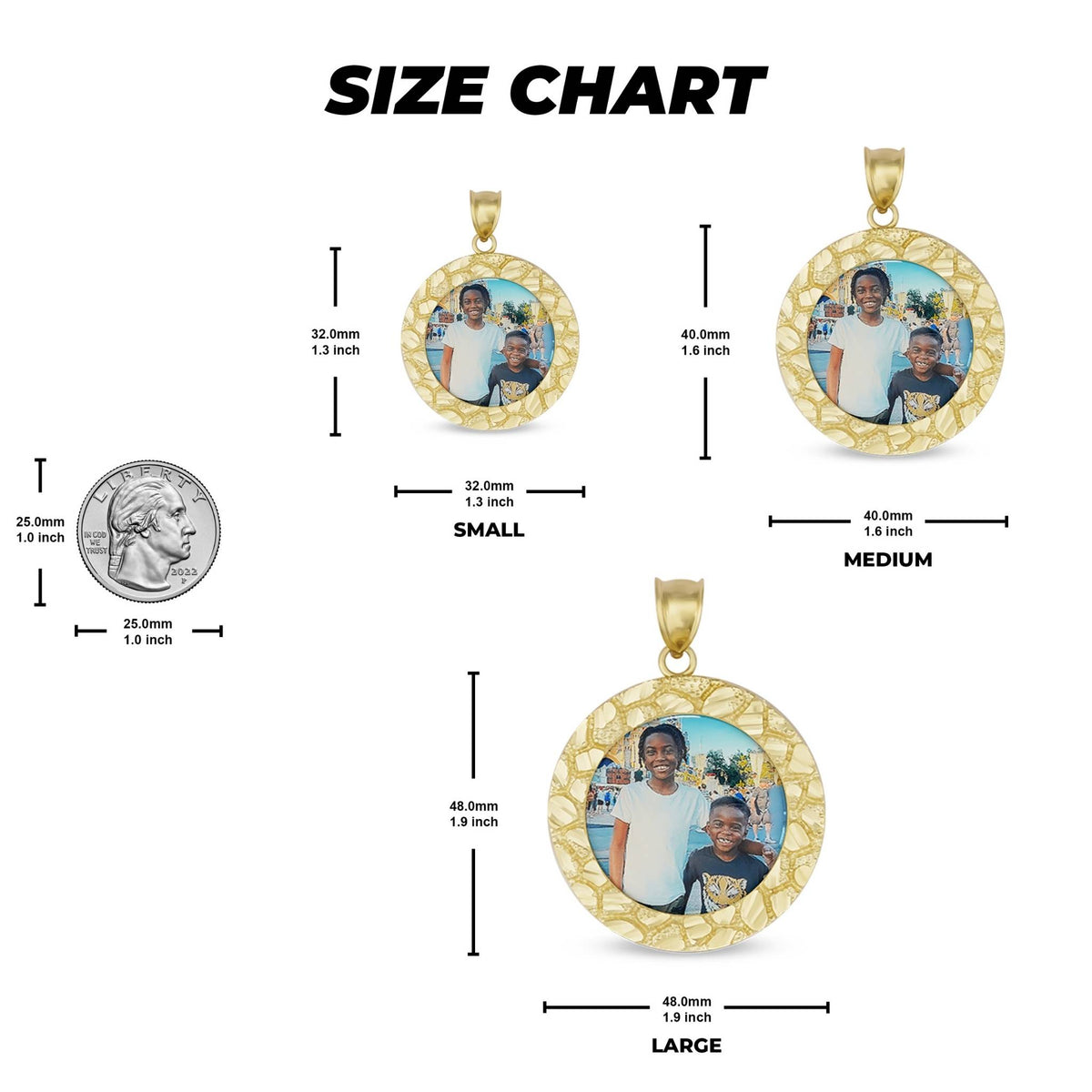 Jewelry size guide comparing three round memorial pendants with millimeter and inch measurements.