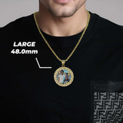 Man wearing a large 48.0mm gold nugget round memorial photo pendant necklace.