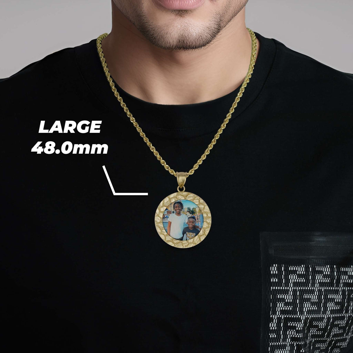 Man wearing a large 48.0mm gold nugget round memorial photo pendant necklace.