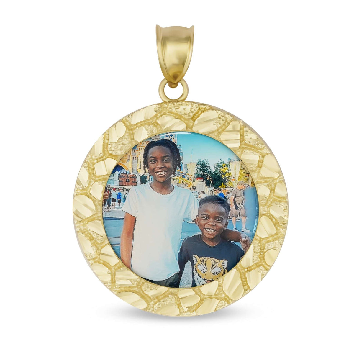 Gold Rolex-style heart pendant framing a custom memorial photo of a family member with a pet on a white background.