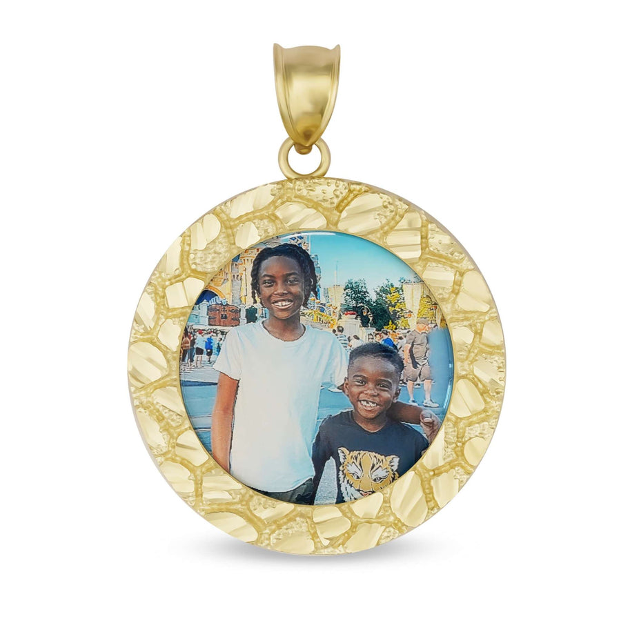 Gold Rolex-style heart pendant framing a custom memorial photo of a family member with a pet on a white background.