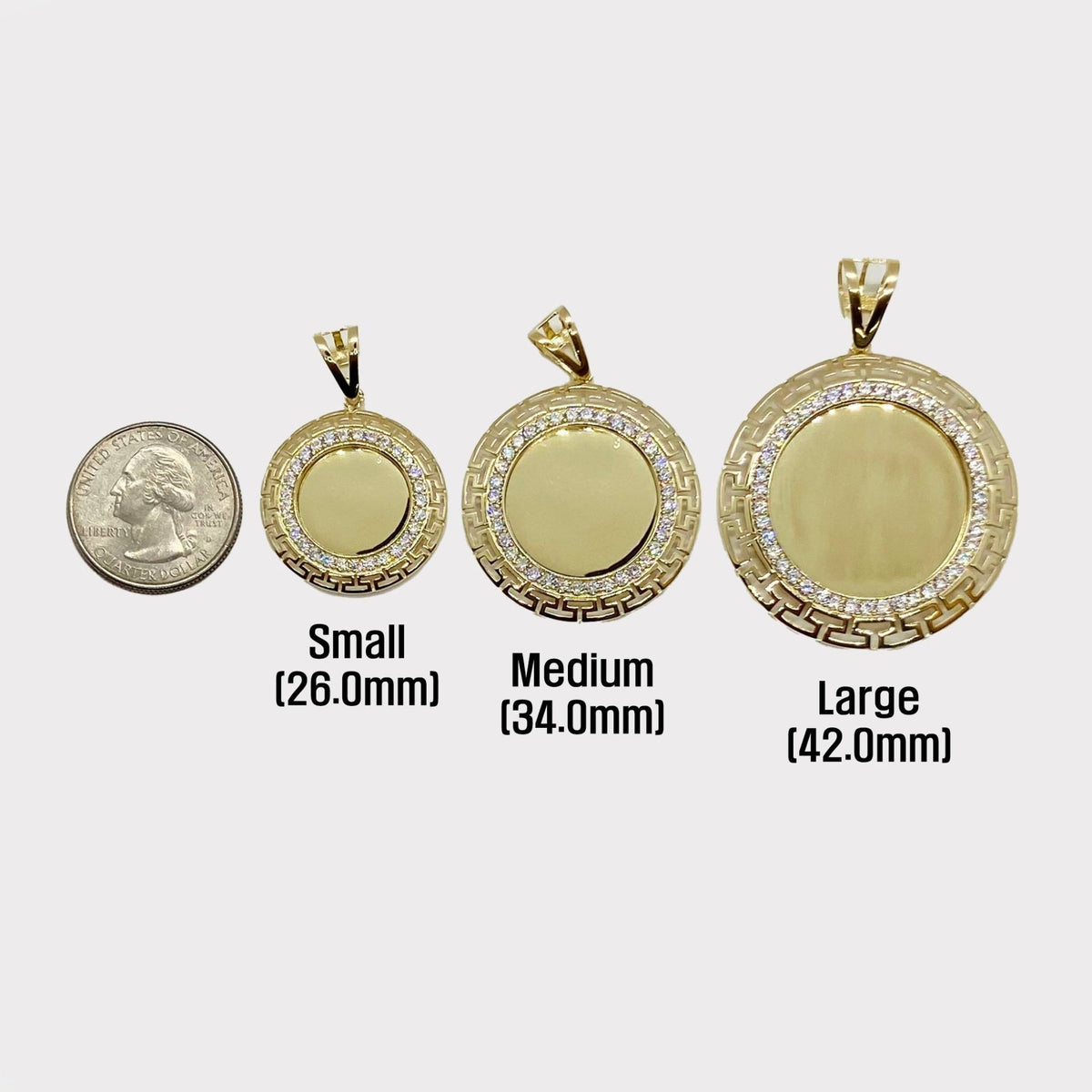 Size comparison chart displaying three sizes of gold CZ round picture pendants with measurements.
