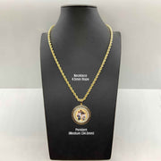Gold Greek key memorial photo pendant necklace on 4.5mm rope chain on display bust.