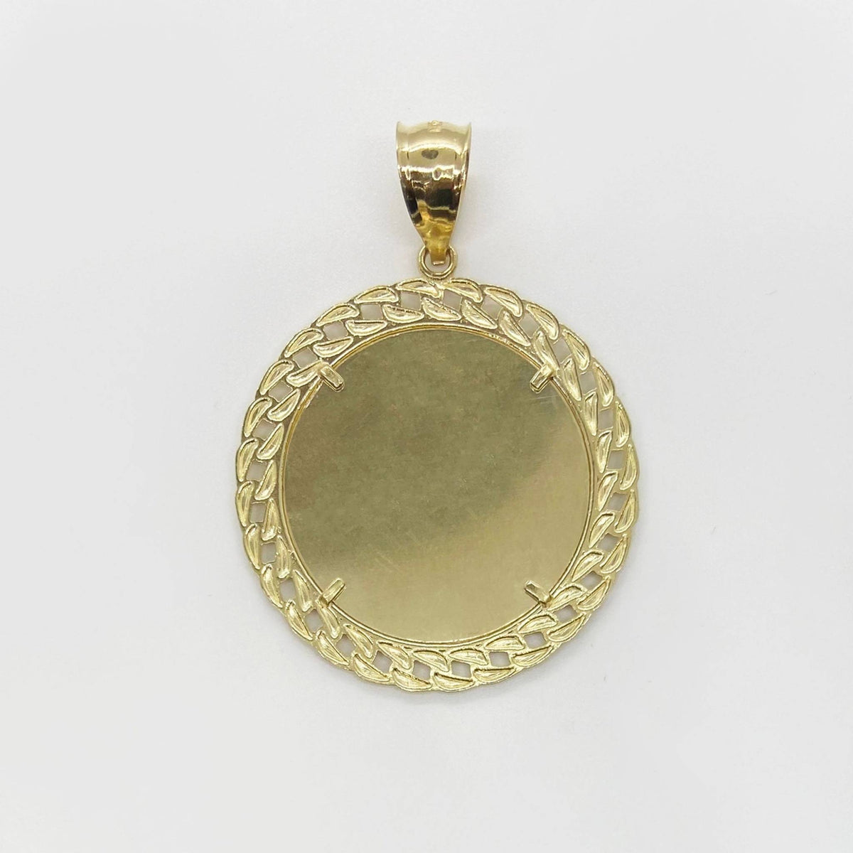 Blank circular photo memory charm in polished yellow gold with a Cuban edge.
