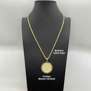 Medium gold picture pendant on a 3.0mm rope chain on a mannequin display.