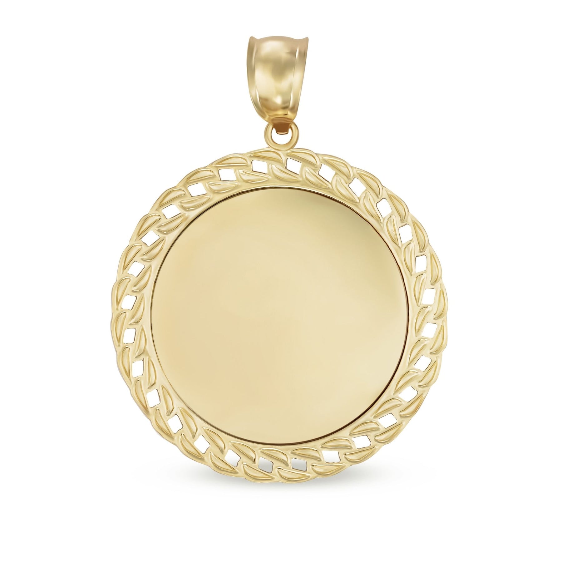 Close-up of the smooth center gold pendant showcasing its detailed bezel design.