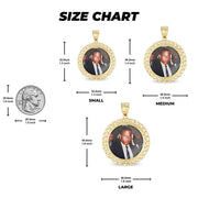 Size chart graphic displaying three round memorial pendant dimensions with a coin scale.