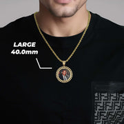 A man wearing a gold chain necklace with a large circular pendant showing the 40.0mm size option.