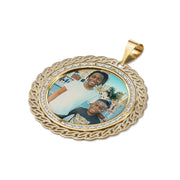 10k gold picture pendant with a sparkling stone halo and detailed braided frame.