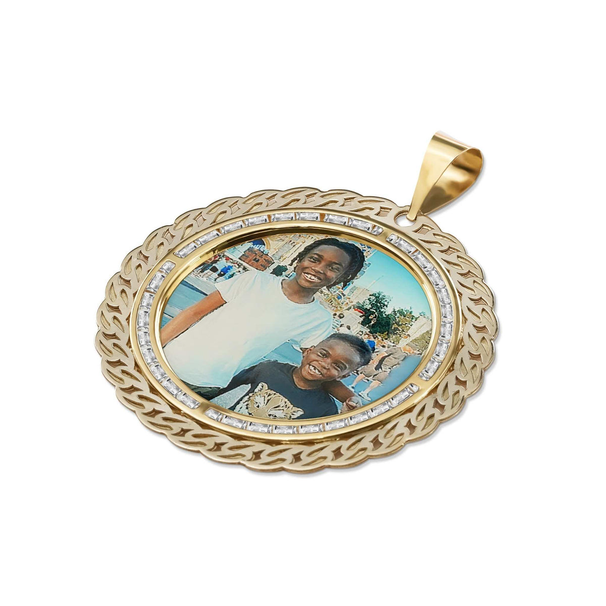10k gold picture pendant with a sparkling stone halo and detailed braided frame.