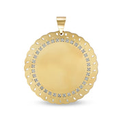 Customizable round gold pendant showcasing a sparkling stone halo and scalloped edge.