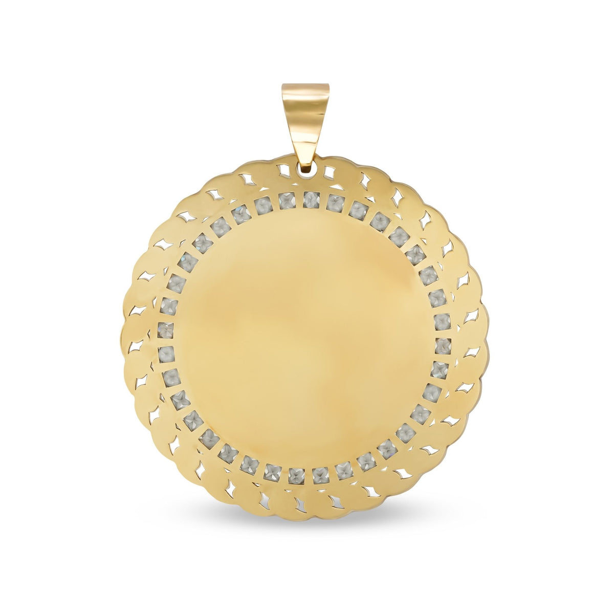 Customizable round gold pendant showcasing a sparkling stone halo and scalloped edge.