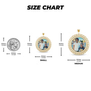 Size chart graphic displaying small and medium pendant dimensions with a coin reference.