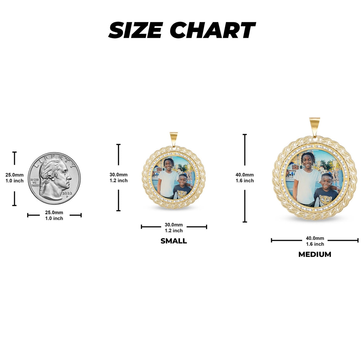 Size chart graphic displaying small and medium pendant dimensions with a coin reference.