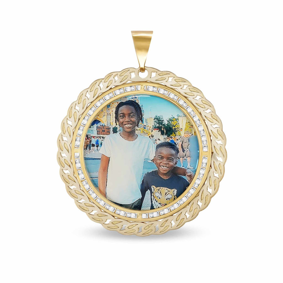 Round 10k gold memorial pendant featuring a custom photo of two children and a Cuban link border.