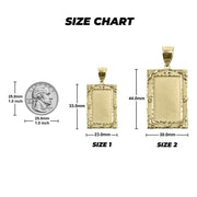 Size chart graphic displaying two rectangular gold pendant options with height and width dimensions.