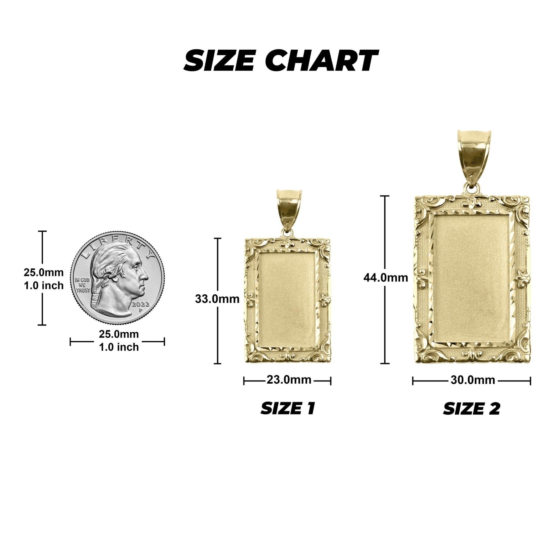 Size chart graphic displaying two rectangular gold pendant options with height and width dimensions.