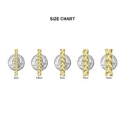 Size chart comparing gold Monaco Cuban link chain widths from 6mm to 13mm with coins.