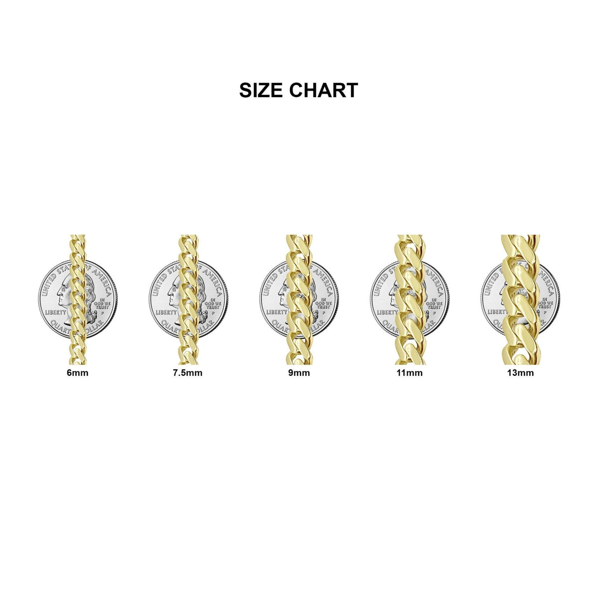 Size chart comparing gold Monaco Cuban link chain widths from 6mm to 13mm with coins.