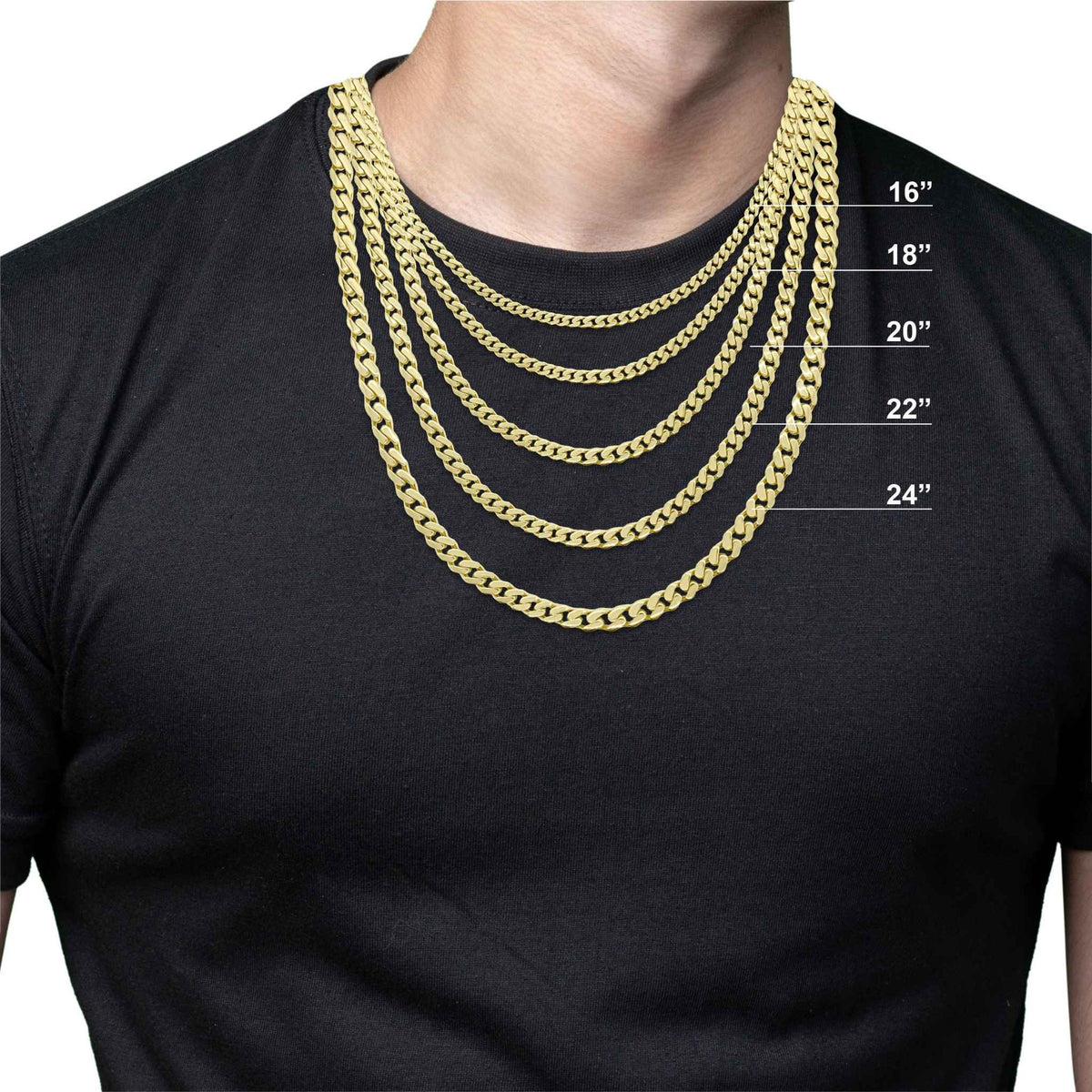 Man wearing gold Monaco Cuban link chain length guide from 16 to 24 inches.