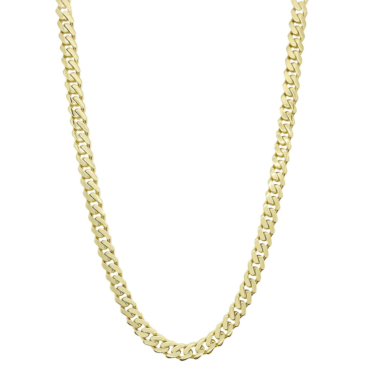10k and 14k gold hollow Monaco Cuban link chain necklace on white background.
