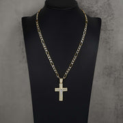 Gold Nemo iced-out crucifix pendant necklace displayed on a black mannequin bust.