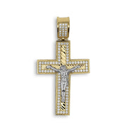 Front view of a two-tone 10k or 14k gold Nemo iced-out square crucifix pendant with white gold Jesus figure.