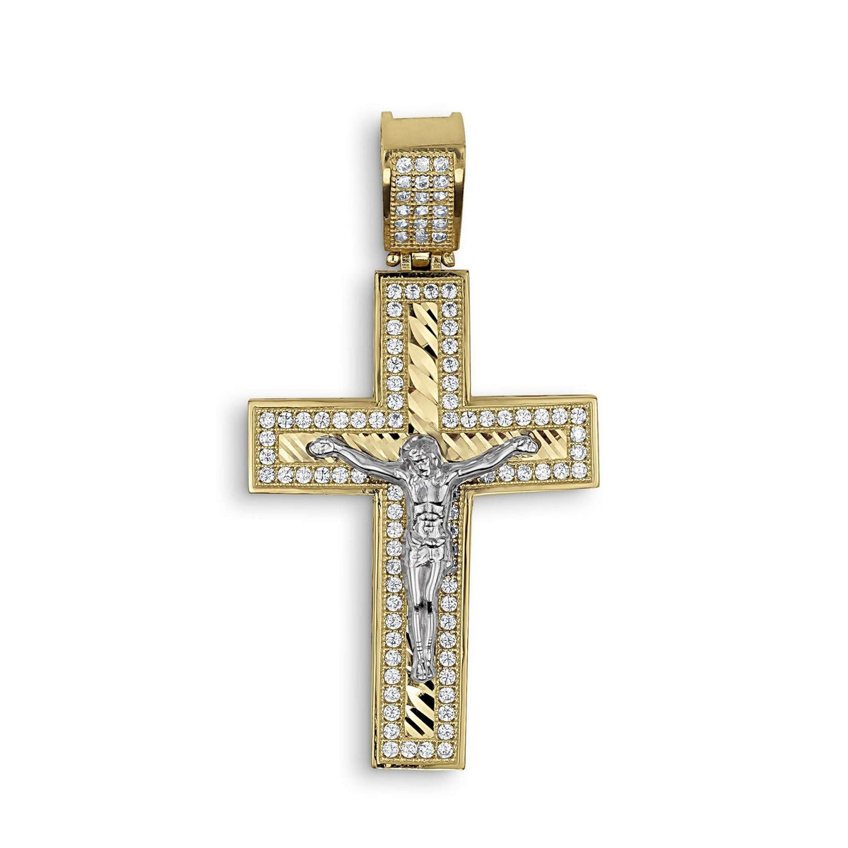 Front view of a two-tone 10k or 14k gold Nemo iced-out square crucifix pendant with white gold Jesus figure.