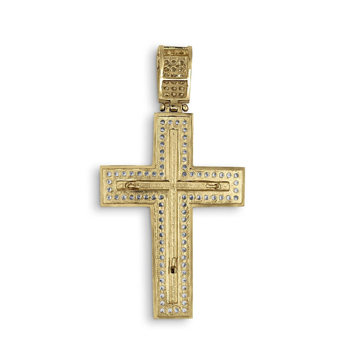 Back view of a 10k or 14k gold Nemo iced-out square crucifix pendant showing textured lattice mesh backing.