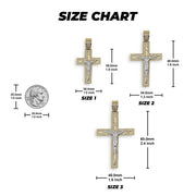 Size chart comparing three gold Nemo iced crucifix pendants to a US quarter coin.